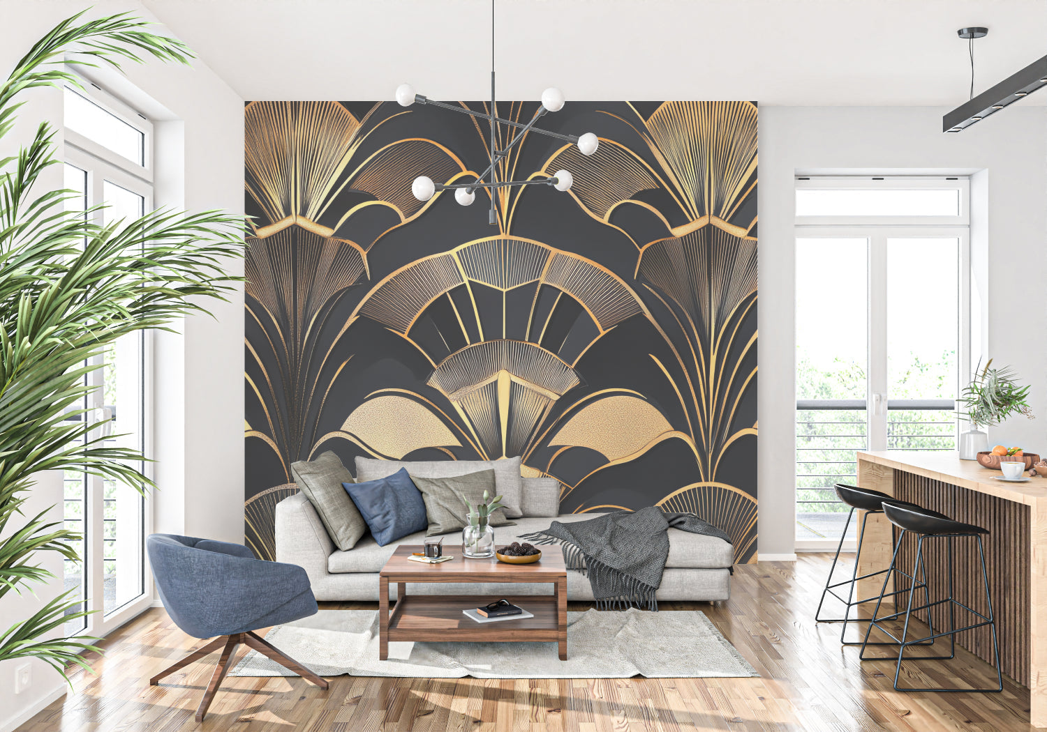 Geometric art deco wallpaper creating luxury hotel lobby atmosphere