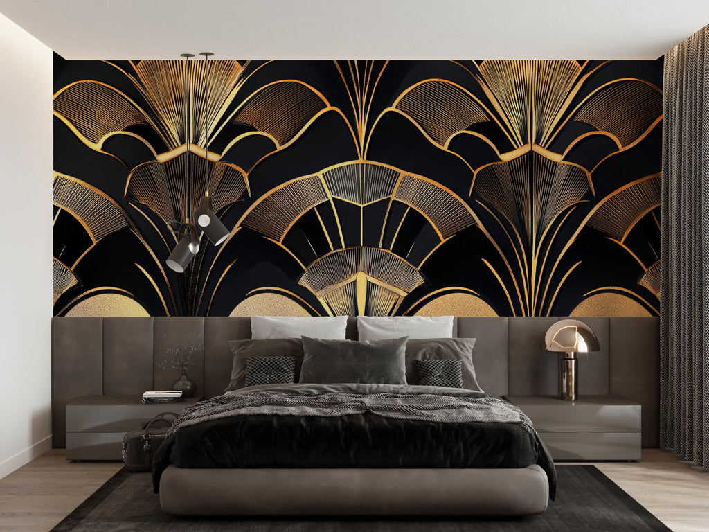 Art deco fan pattern mural in stylish home bar setting