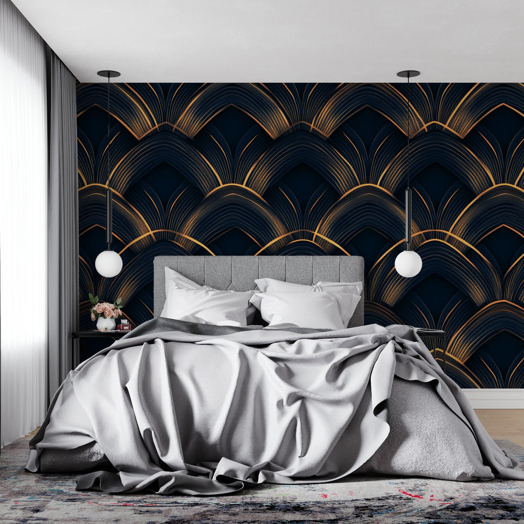 Art deco fan pattern wallpaper in elegant dining room with crystal chandelier and gold accents