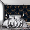 Art deco fan pattern wallpaper in elegant dining room with crystal chandelier and gold accents
