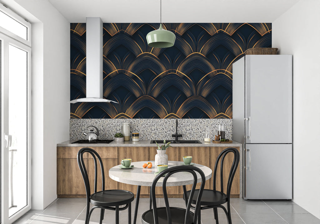 Black and gold geometric wallpaper in modern master bedroom creating luxury hotel feel
