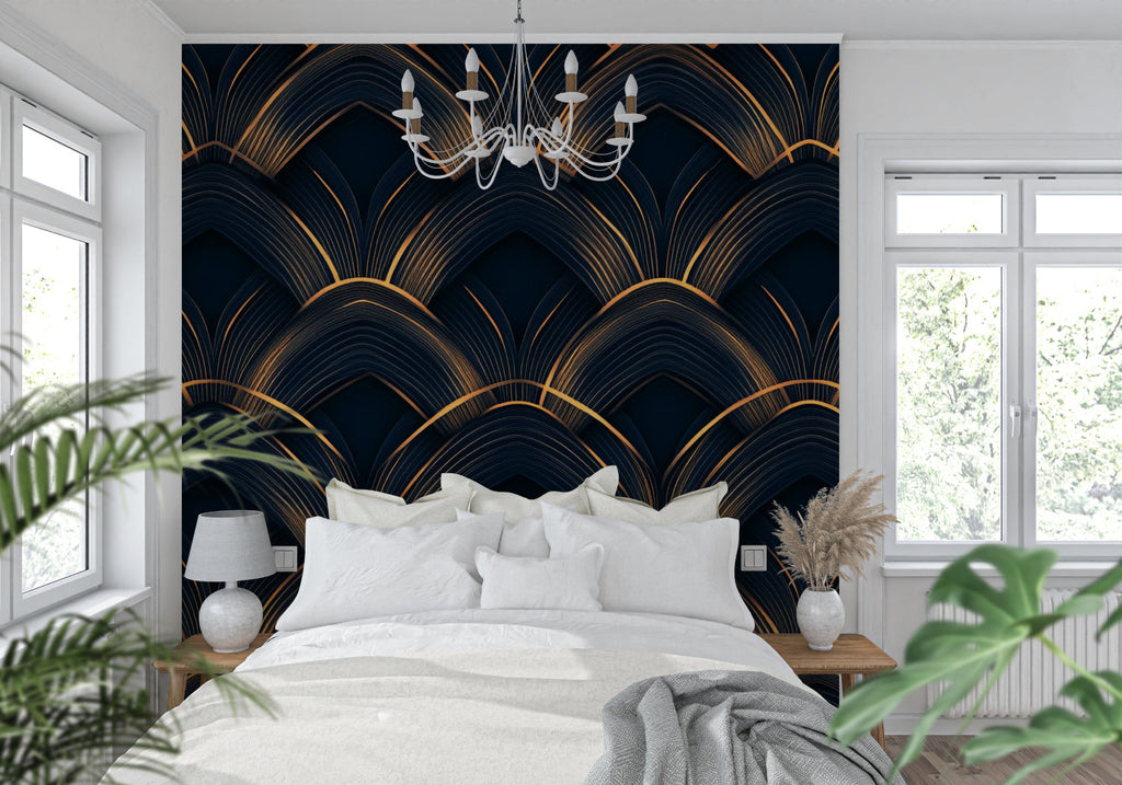 Art deco wallpaper making statement in home office with brass desk and velvet chair