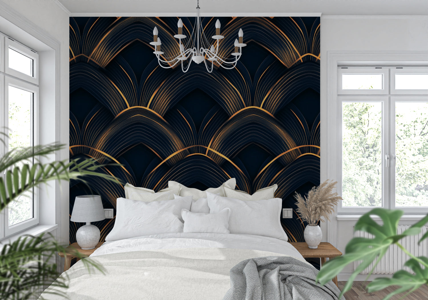Art deco wallpaper making statement in home office with brass desk and velvet chair