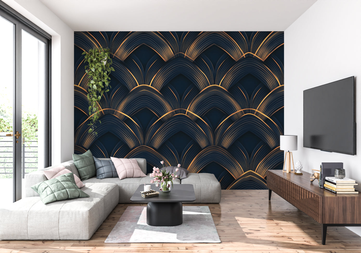 Geometric fan pattern in cocktail lounge setting showing scale and drama of design