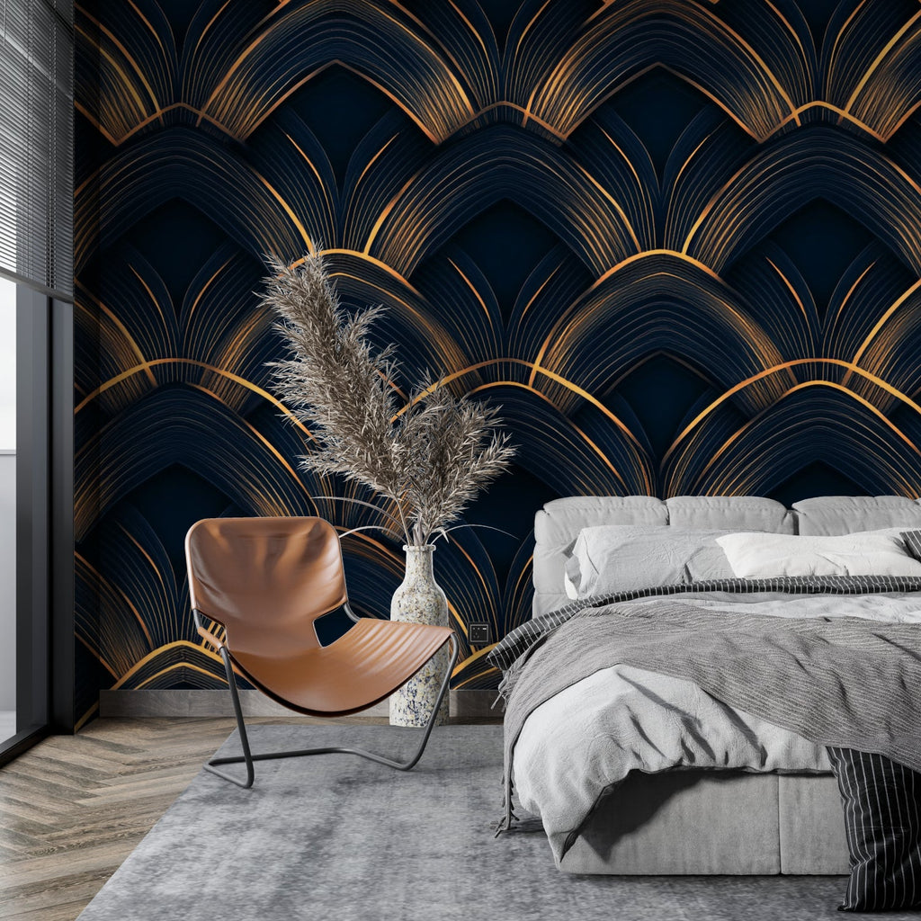 Black and gold art deco wallpaper in entrance hall with mirror and console table