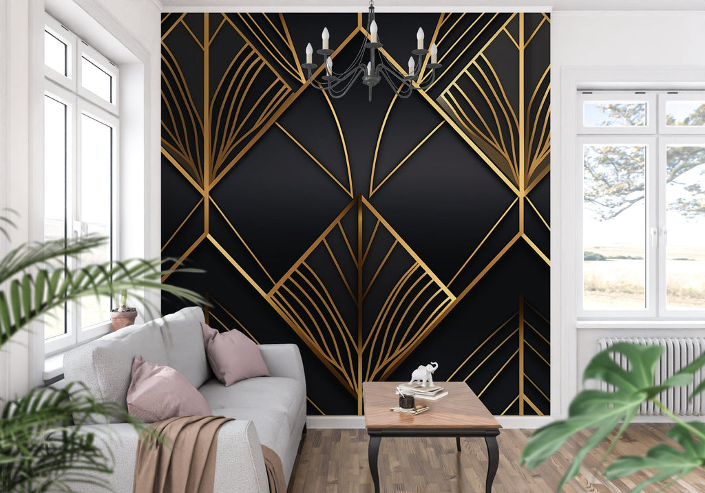Geometric art deco wall mural adding drama to dining room space