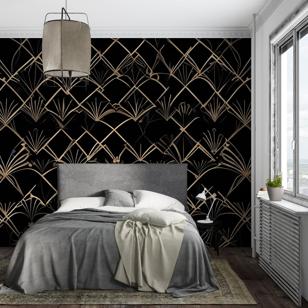 Art deco geometric wallpaper in modern living room, black and gold pattern creating dramatic accent wall