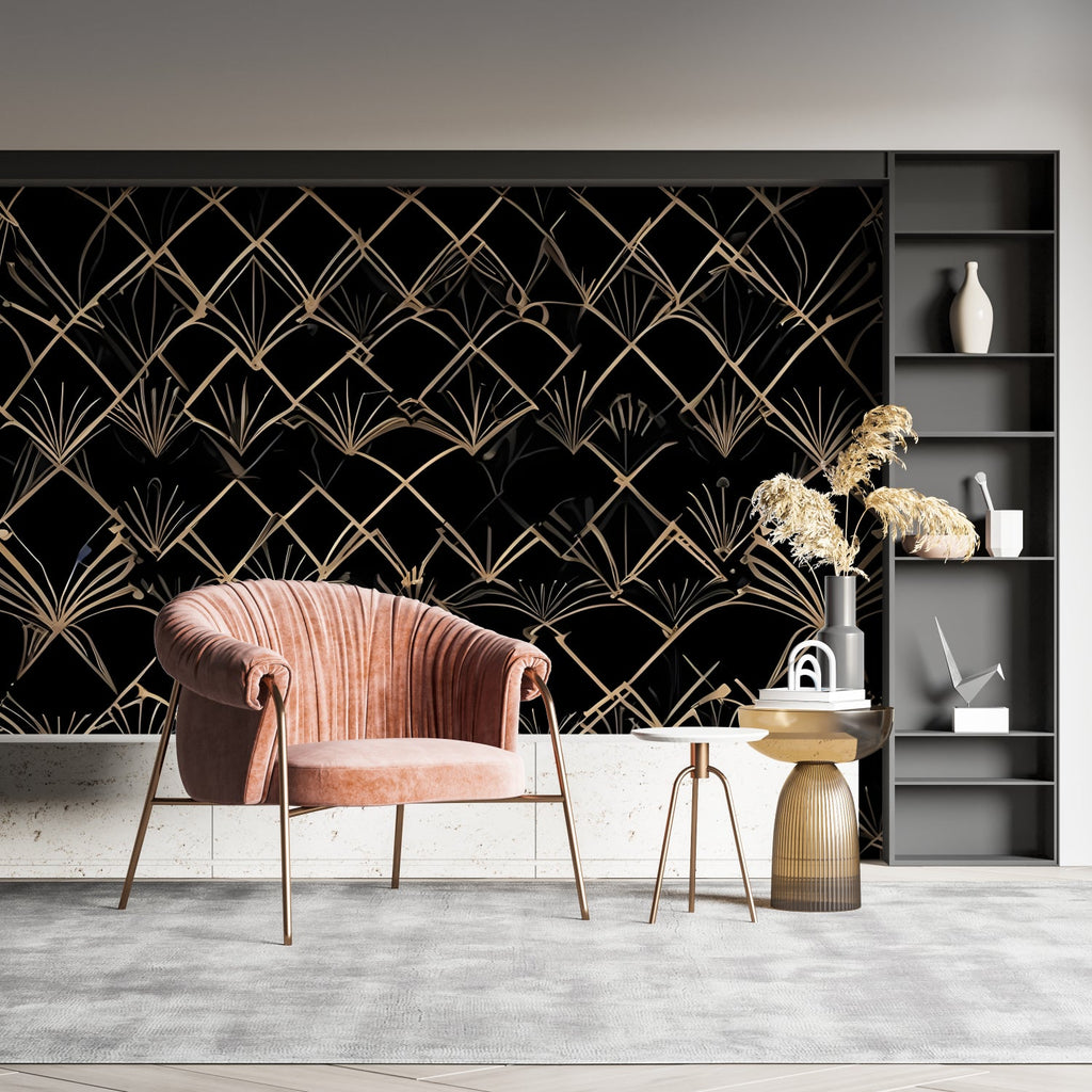 Black and gold art deco wallpaper featured in luxury hotel lobby showing geometric fan pattern