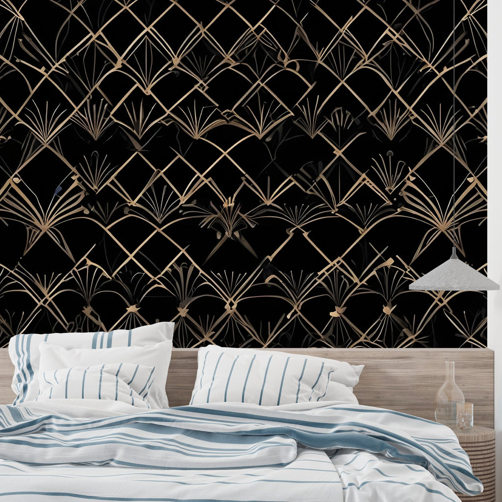 Art deco wallpaper in master bedroom, geometric black and gold design adding sophistication