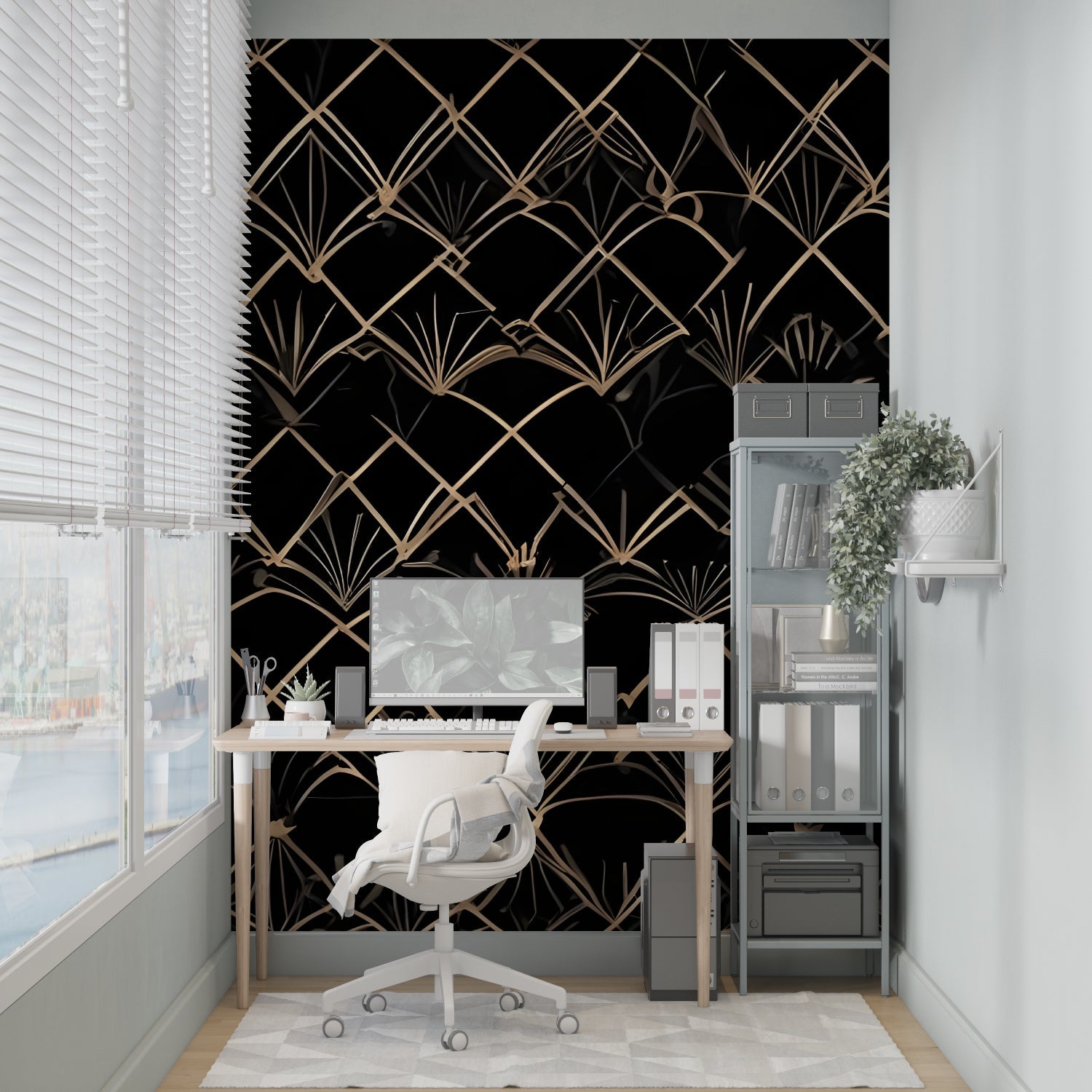 Restaurant bar featuring art deco black and gold wallpaper with stunning geometric pattern