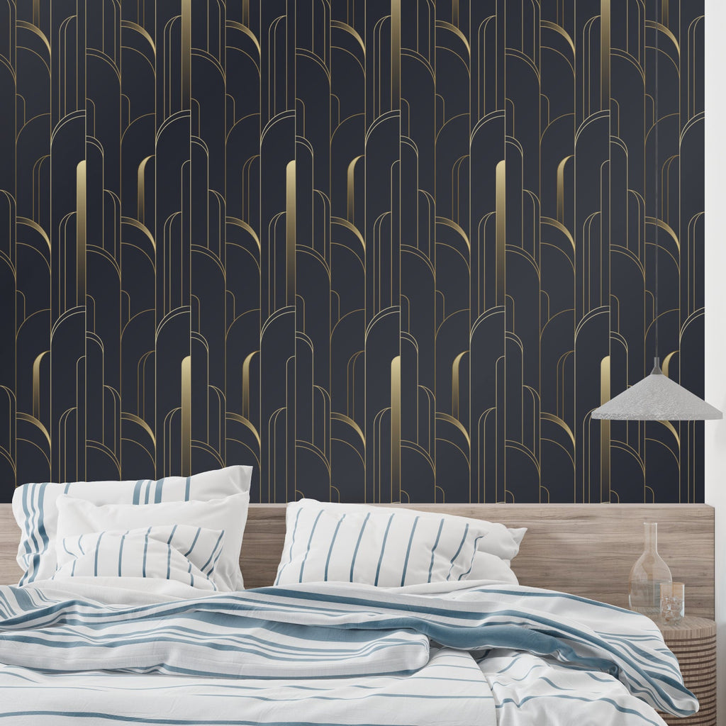 Geometric Art Deco pattern feature wall in luxury master bedroom