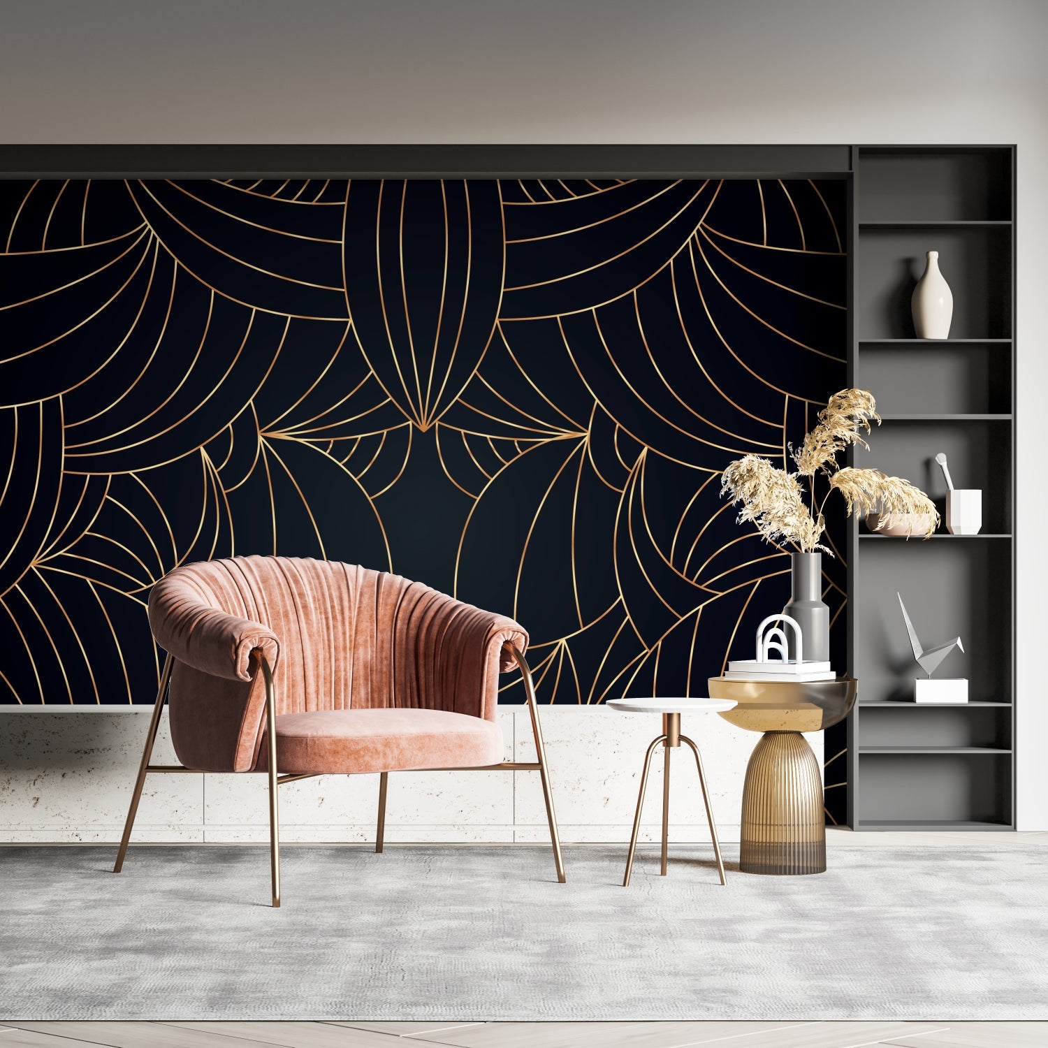 Black and gold art deco wallpaper in master bedroom showcasing geometric pattern