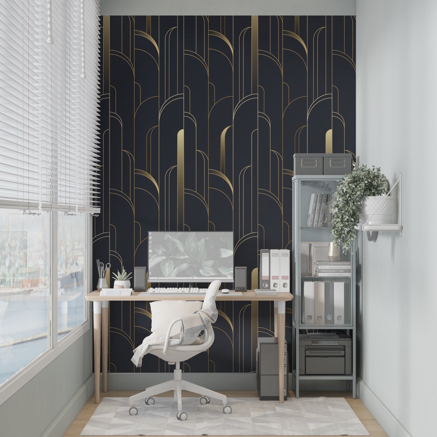 Art Deco black and gold wallpaper in hotel lobby setting