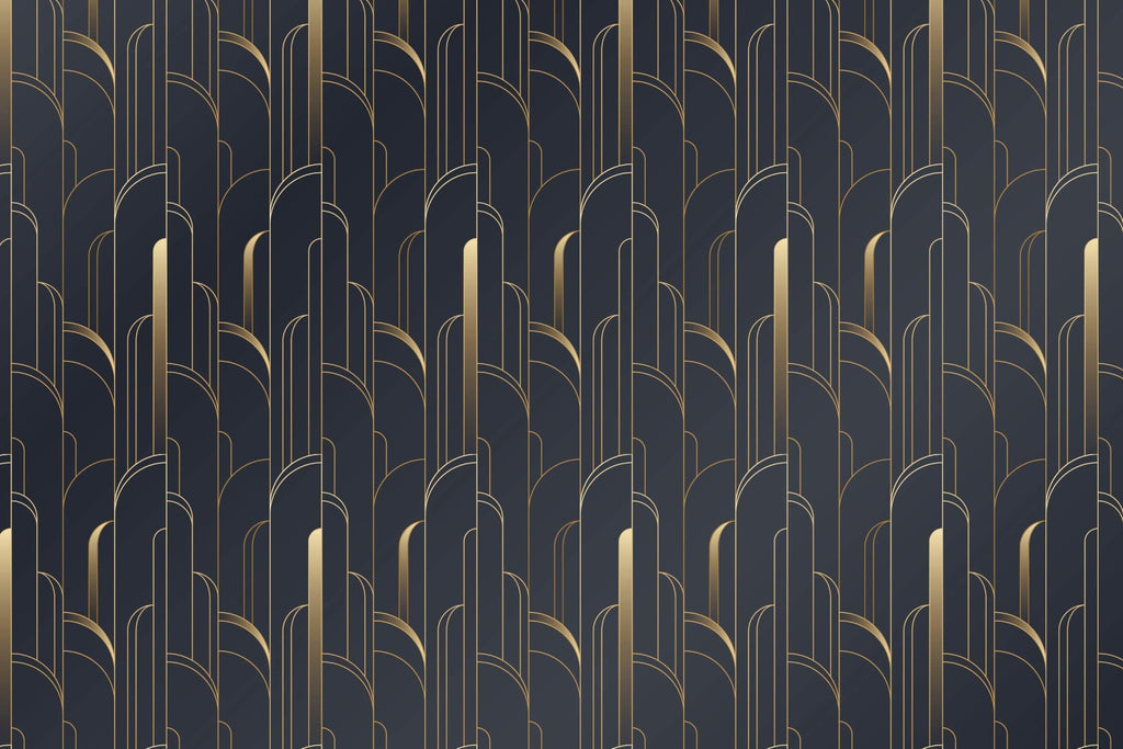 Art Deco geometric pattern design file showing black background with gold architectural details