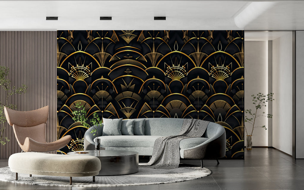 Black and gold art deco wallpaper in dining room with crystal chandelier