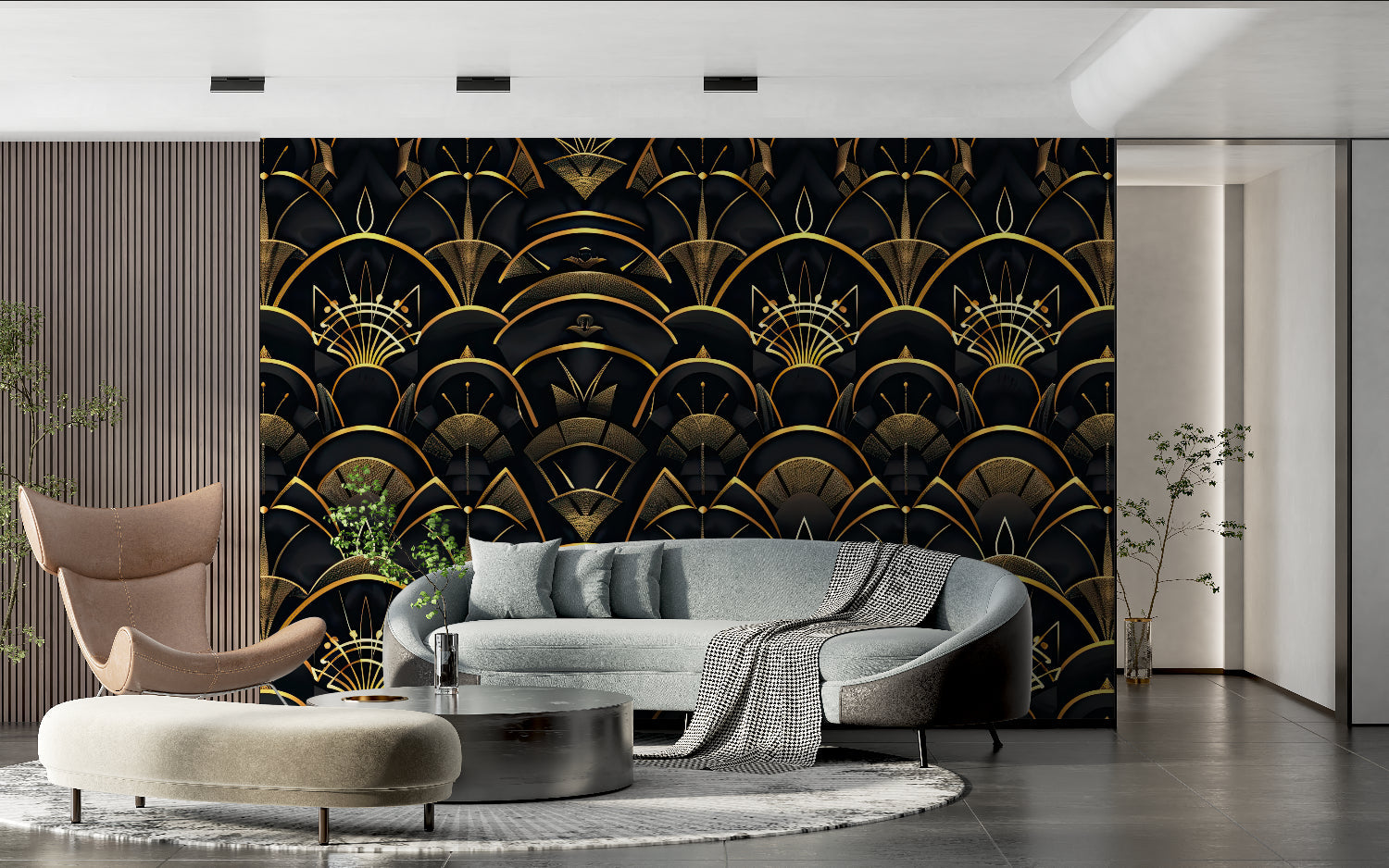 Black and gold art deco wallpaper in dining room with crystal chandelier