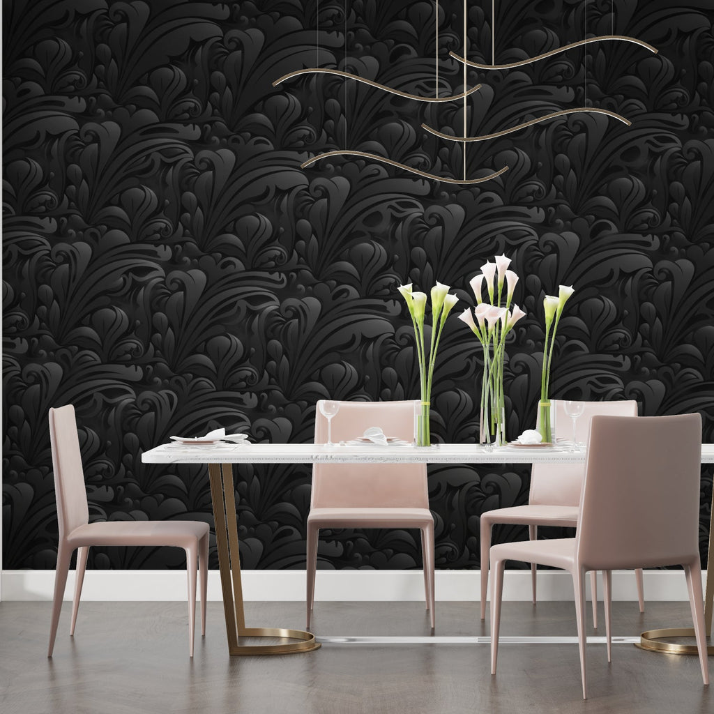 Art Deco black floral pattern wallpaper in master bedroom creating luxurious hotel ambiance