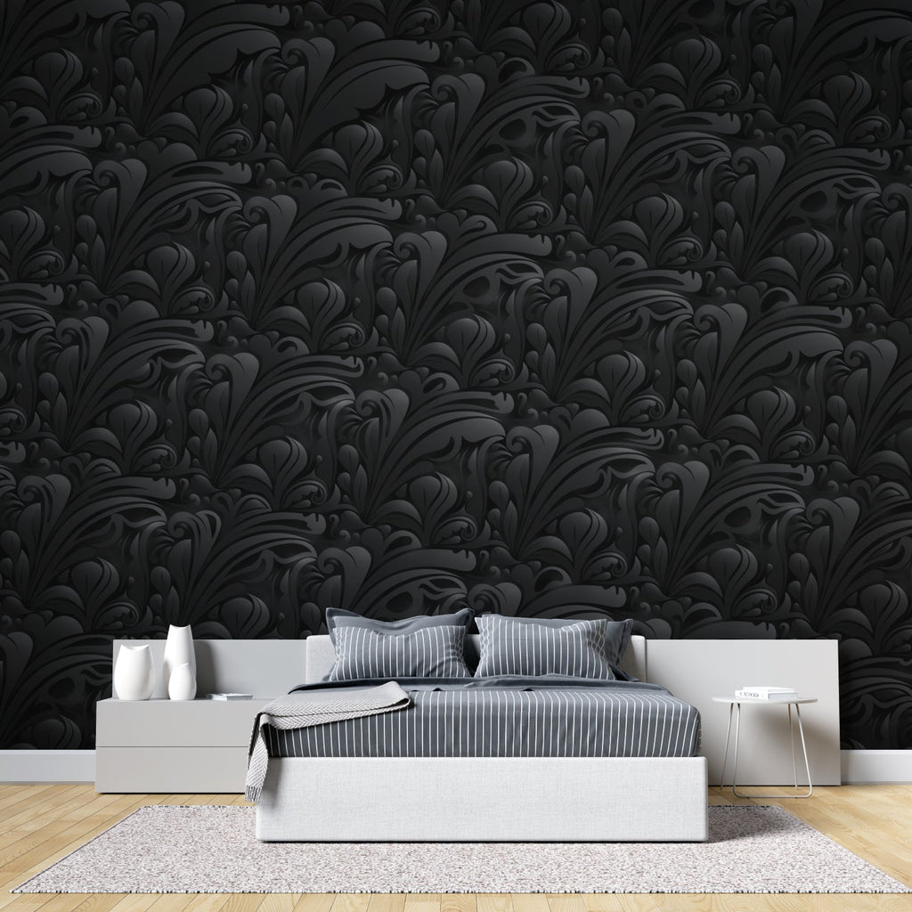 Sophisticated black floral wallpaper in home office with brass accents
