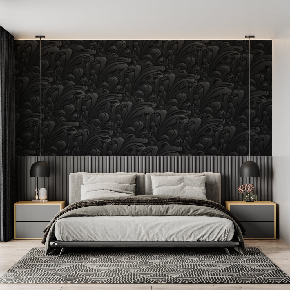 Art Deco black pattern wallpaper in living room with modern furniture
