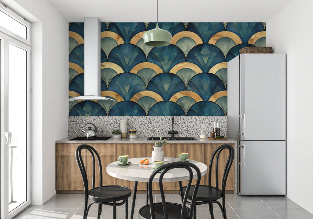 Blue and gold art deco wallpaper in luxury hotel lobby, showing seamless fan motif