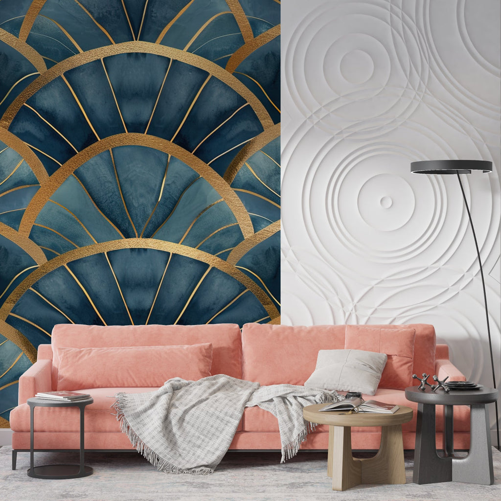 Art deco fan pattern wallpaper in elegant dining room with crystal chandelier