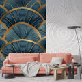 Art deco fan pattern wallpaper in elegant dining room with crystal chandelier
