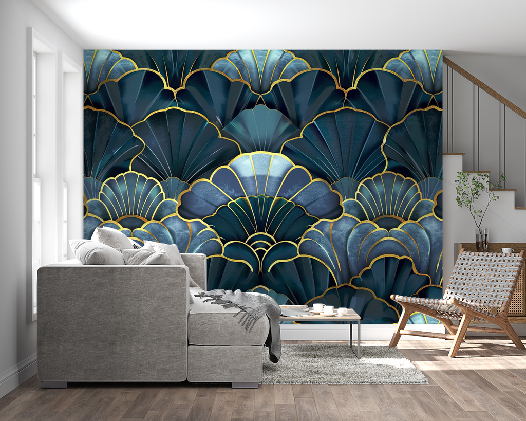 Blue and gold geometric wallpaper showcased in elegant dining room setting
