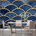 Art Deco geometric wallpaper in modern living room, navy blue and gold scales create luxury atmosphere