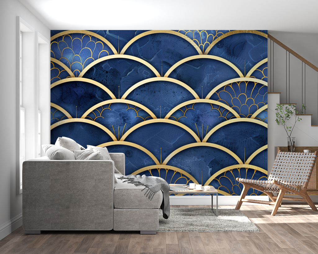 Hotel lobby with Art Deco scale pattern wallpaper showing luxury appeal