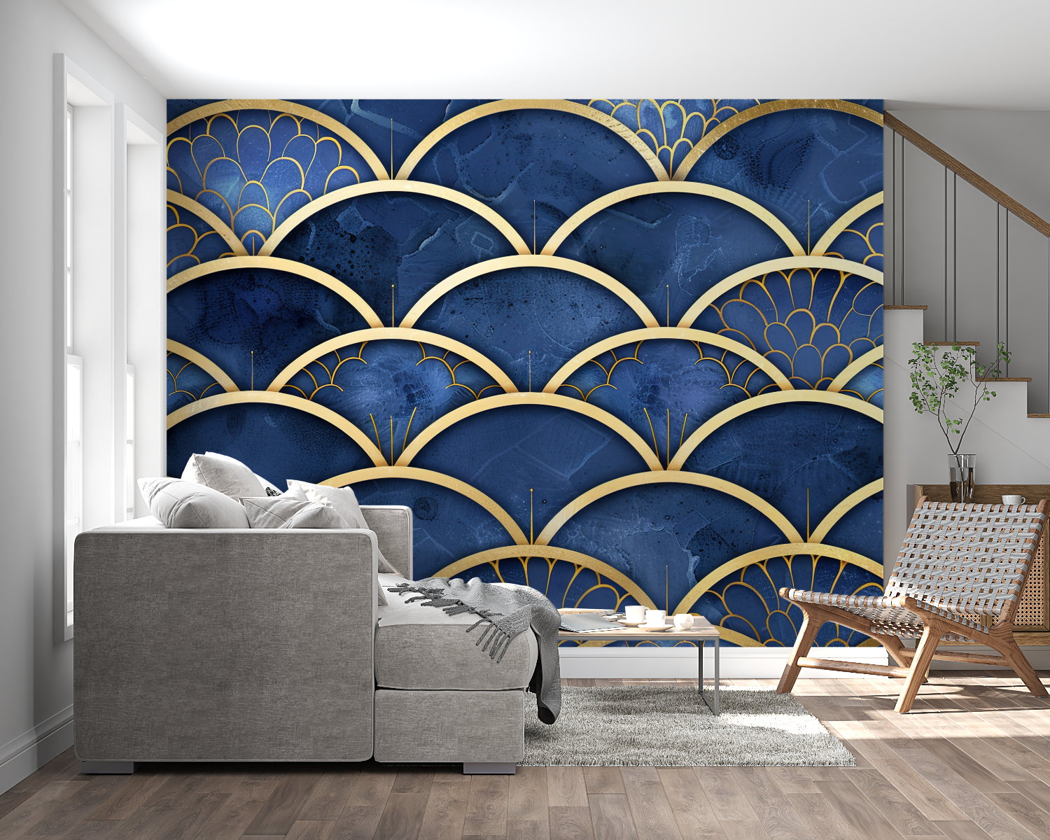 Hotel lobby with Art Deco scale pattern wallpaper showing luxury appeal