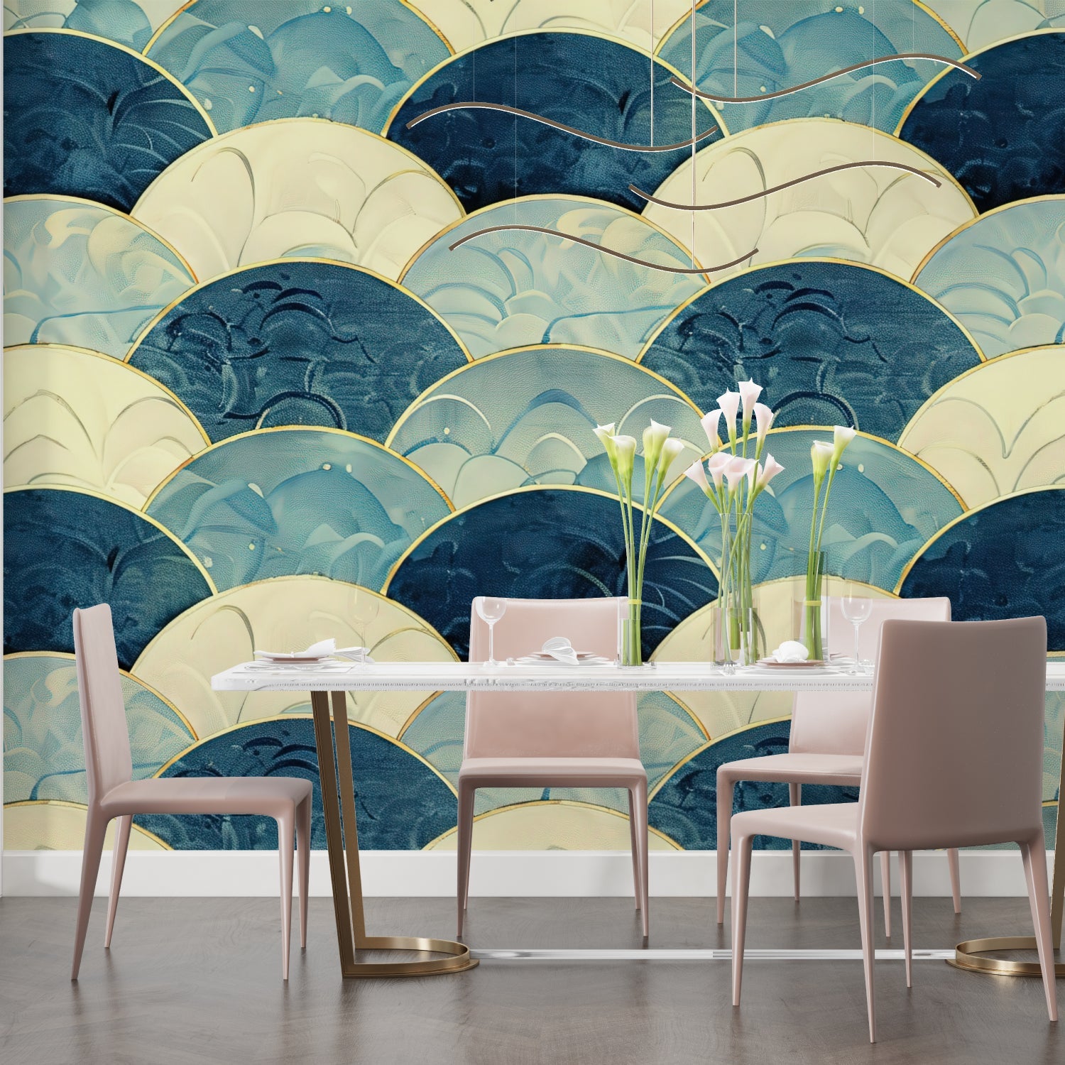 Blue and gold Japanese wave wallpaper in master bedroom with minimal furniture