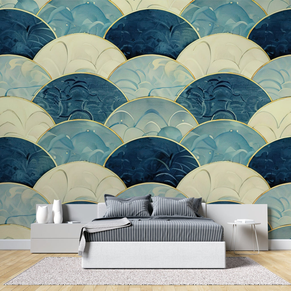 Art deco wallpaper feature wall in home office with brass details