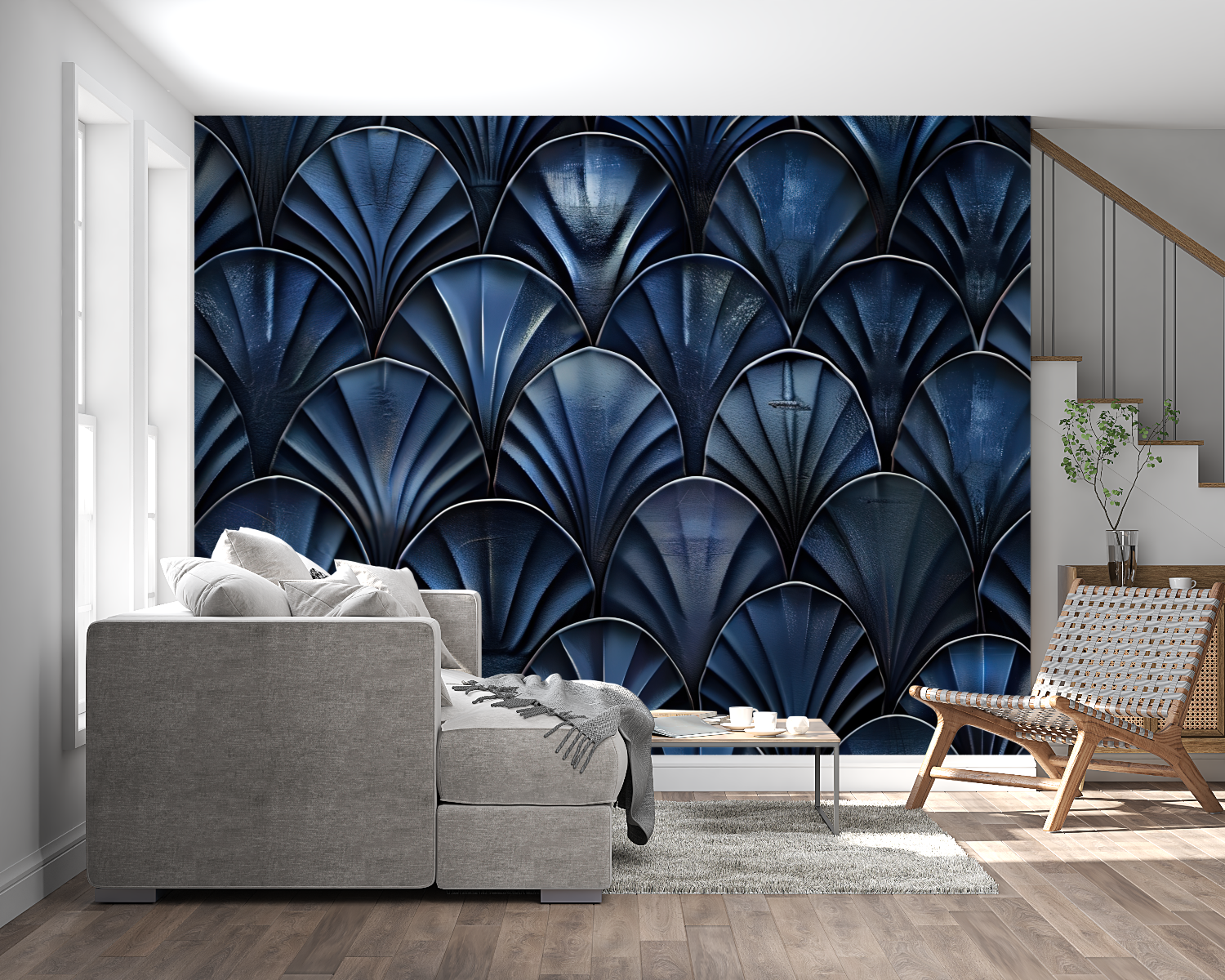 Art Deco blue wallpaper in dining room with crystal chandelier