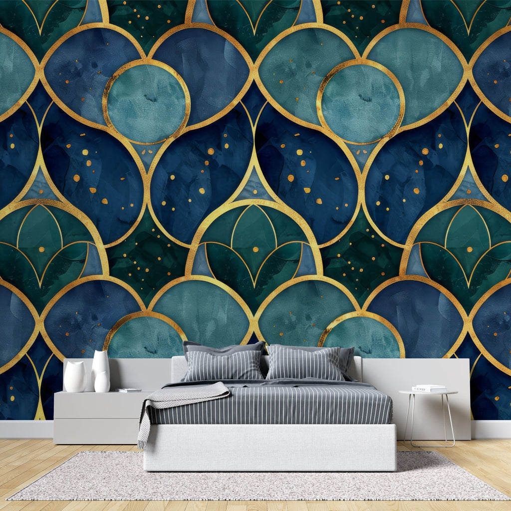 Blue and gold geometric wallpaper creating luxury atmosphere in master bedroom