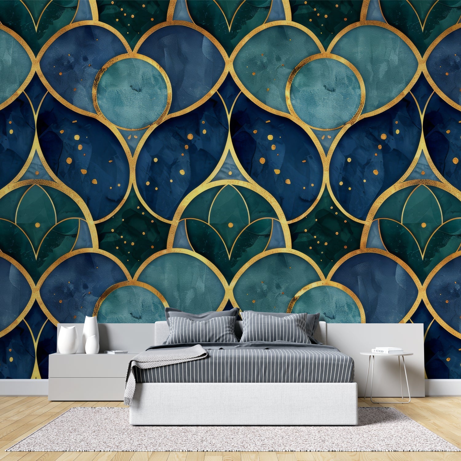 Blue and gold geometric wallpaper creating luxury atmosphere in master bedroom