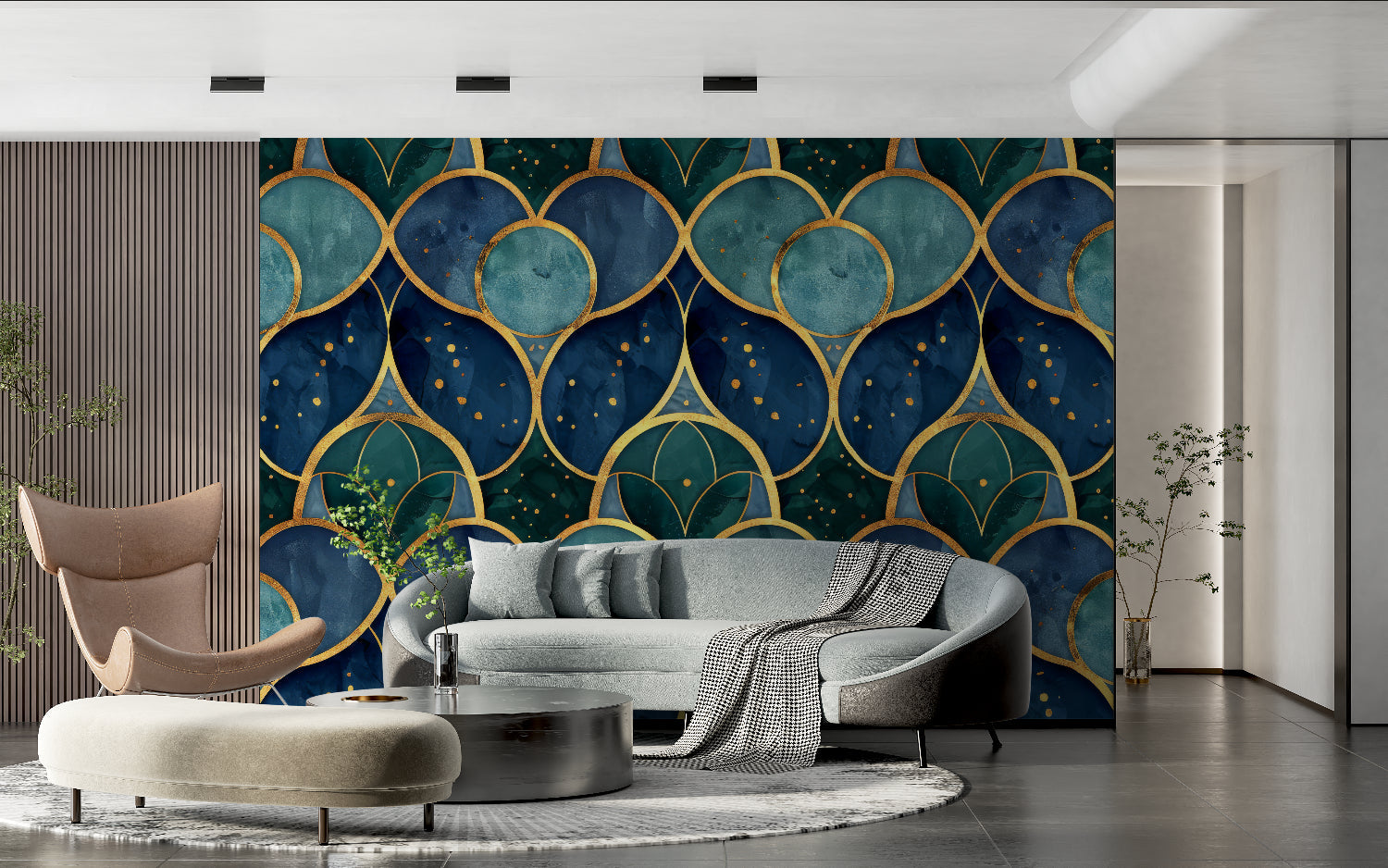 Modern geometric wallpaper adding sophistication to home office space
