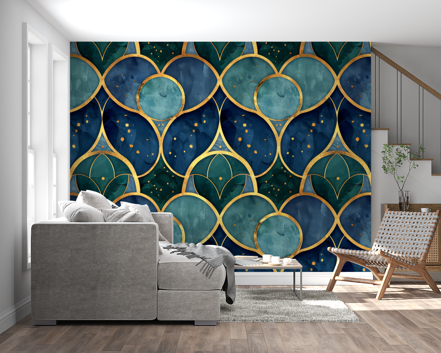 Blue-green and gold art deco wallpaper creating focal point in hotel lobby