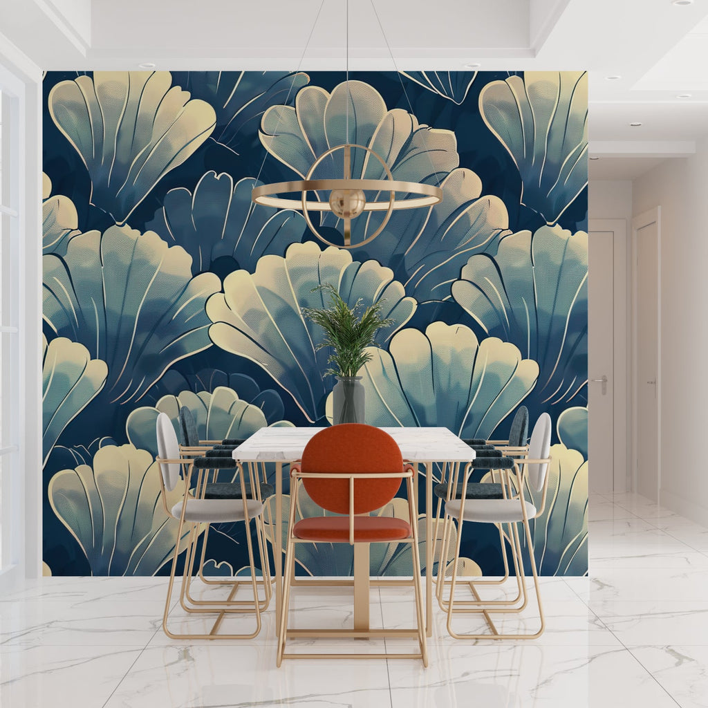 Master bedroom with Art Deco blue shell wallpaper creating luxurious hotel feel