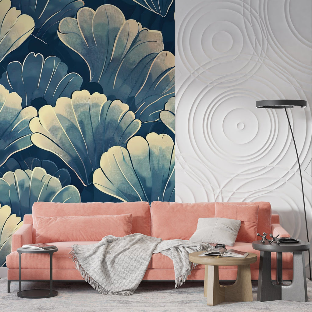 Entryway decorated with Art Deco shell pattern wallpaper in navy and cream tones