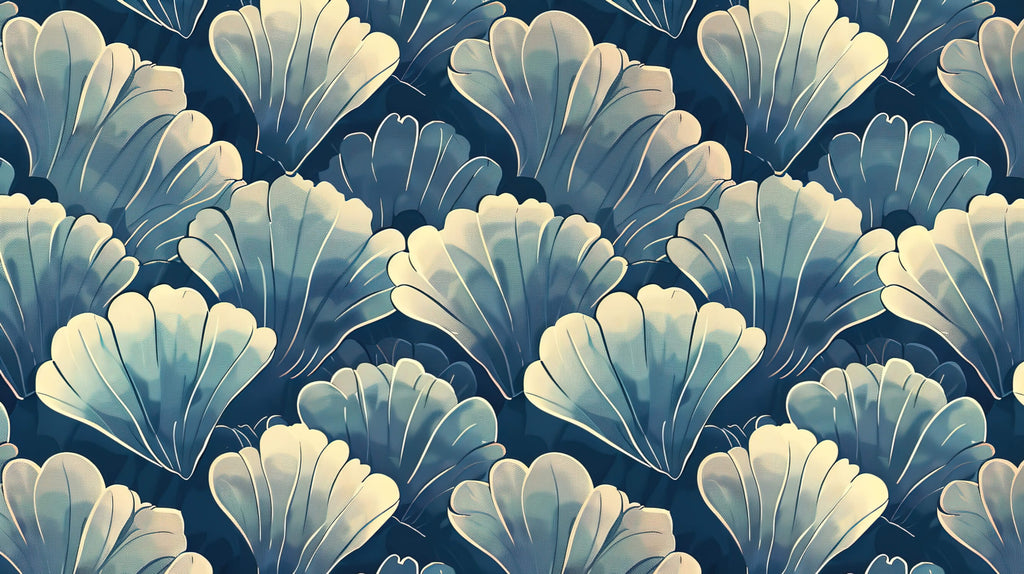 Art Deco shell pattern design file showing detailed navy blue and cream geometric motifs