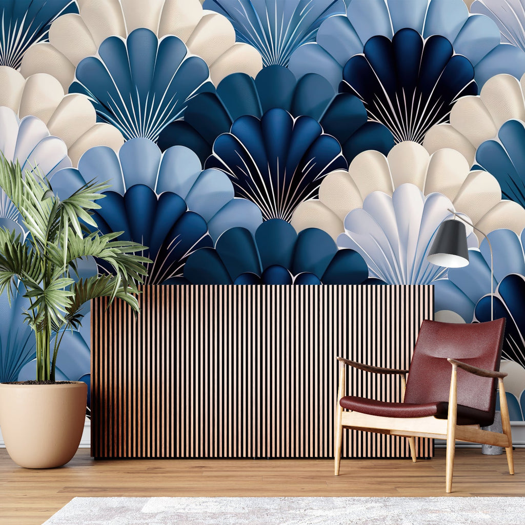 Shell pattern wallpaper in dining room with modern chandelier