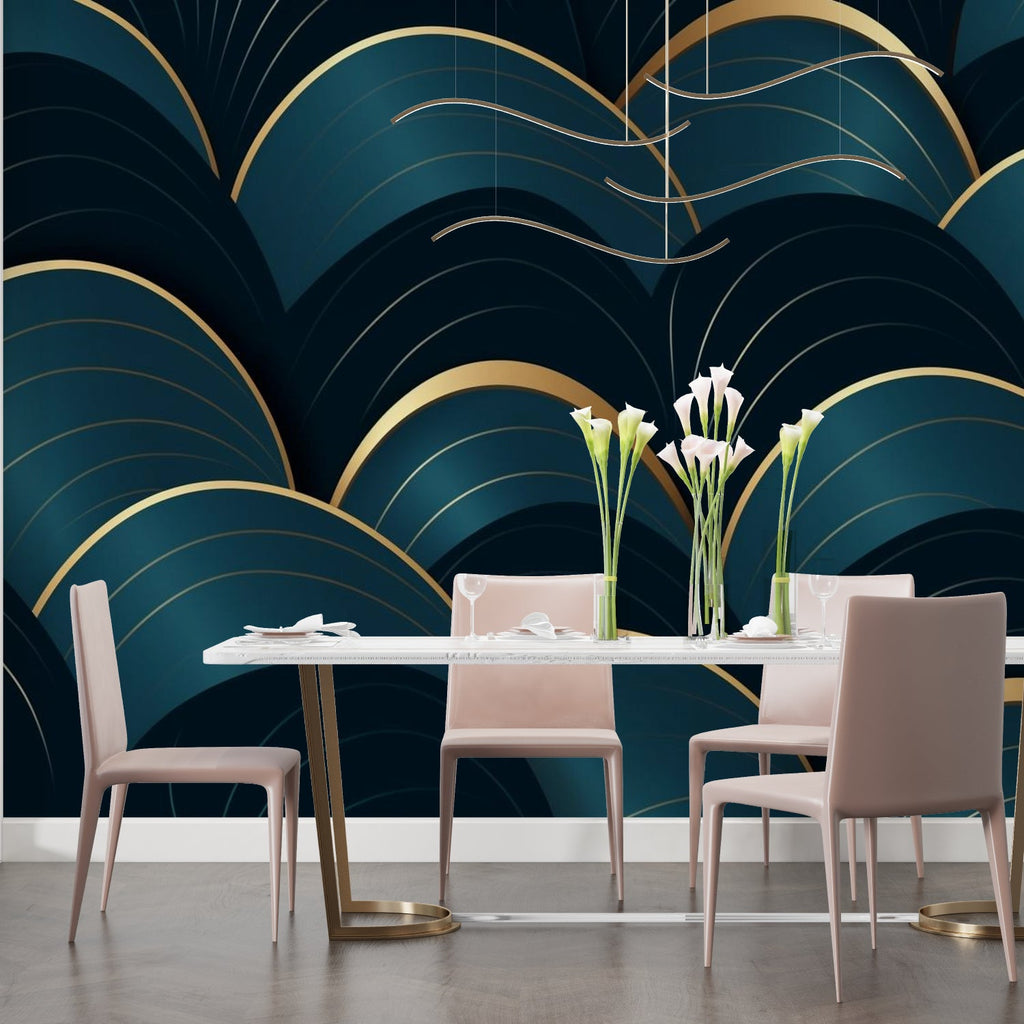 Modern home office featuring geometric teal wallpaper with gold accents