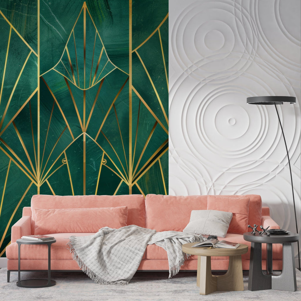 Art deco geometric wallpaper in modern living room with emerald green and gold fan patterns
