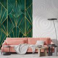 Art deco geometric wallpaper in modern living room with emerald green and gold fan patterns