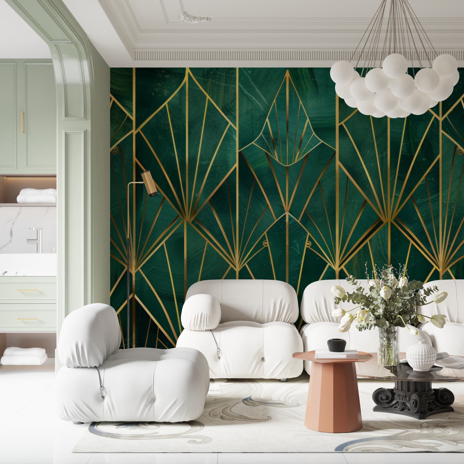 Elegant dining room featuring green and gold art deco wallpaper with geometric designs