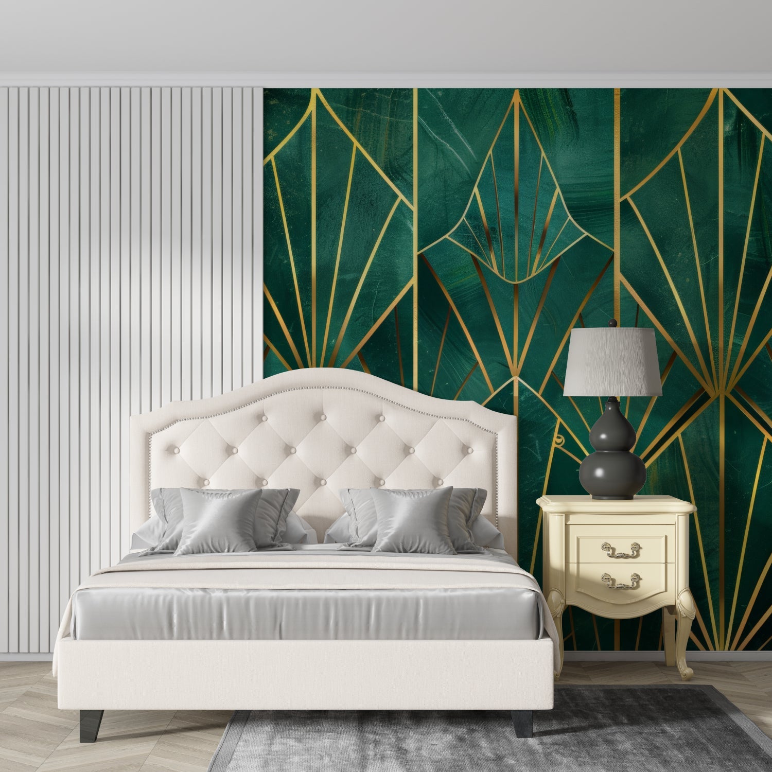 Master bedroom with emerald green geometric art deco wallpaper accent wall