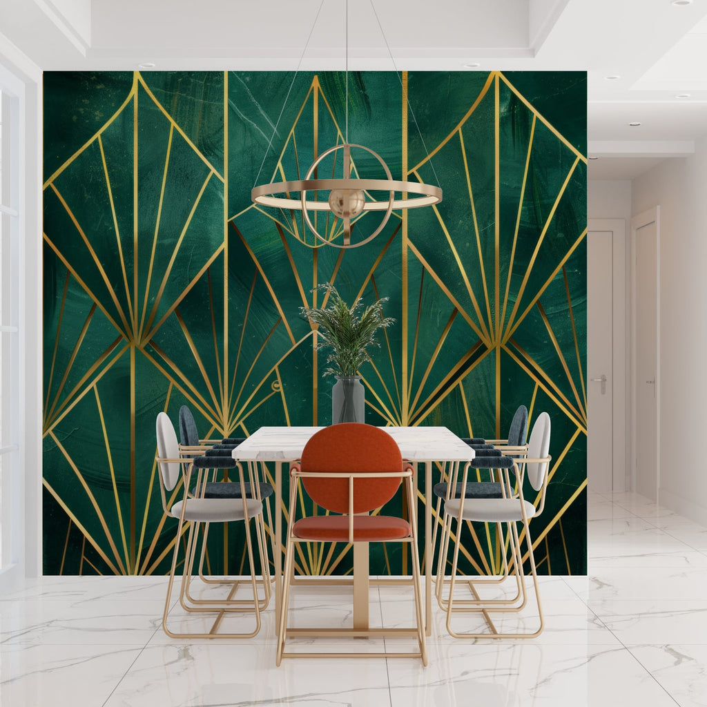 Home office space with gold and green art deco pattern wallpaper