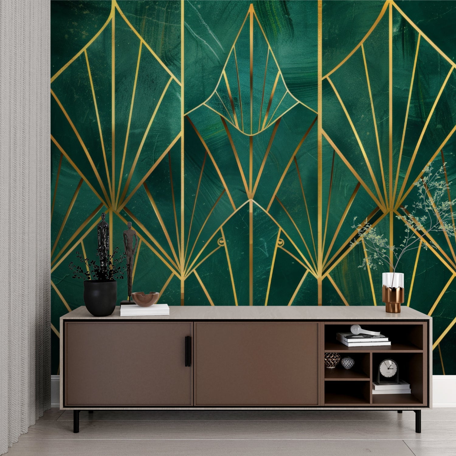 Luxury hotel lobby showcasing emerald and gold geometric wallpaper design