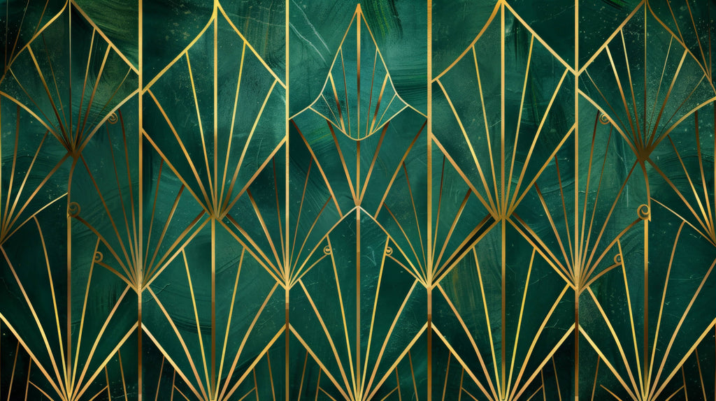 Art deco wallpaper design file showing detailed emerald green and gold geometric fan pattern