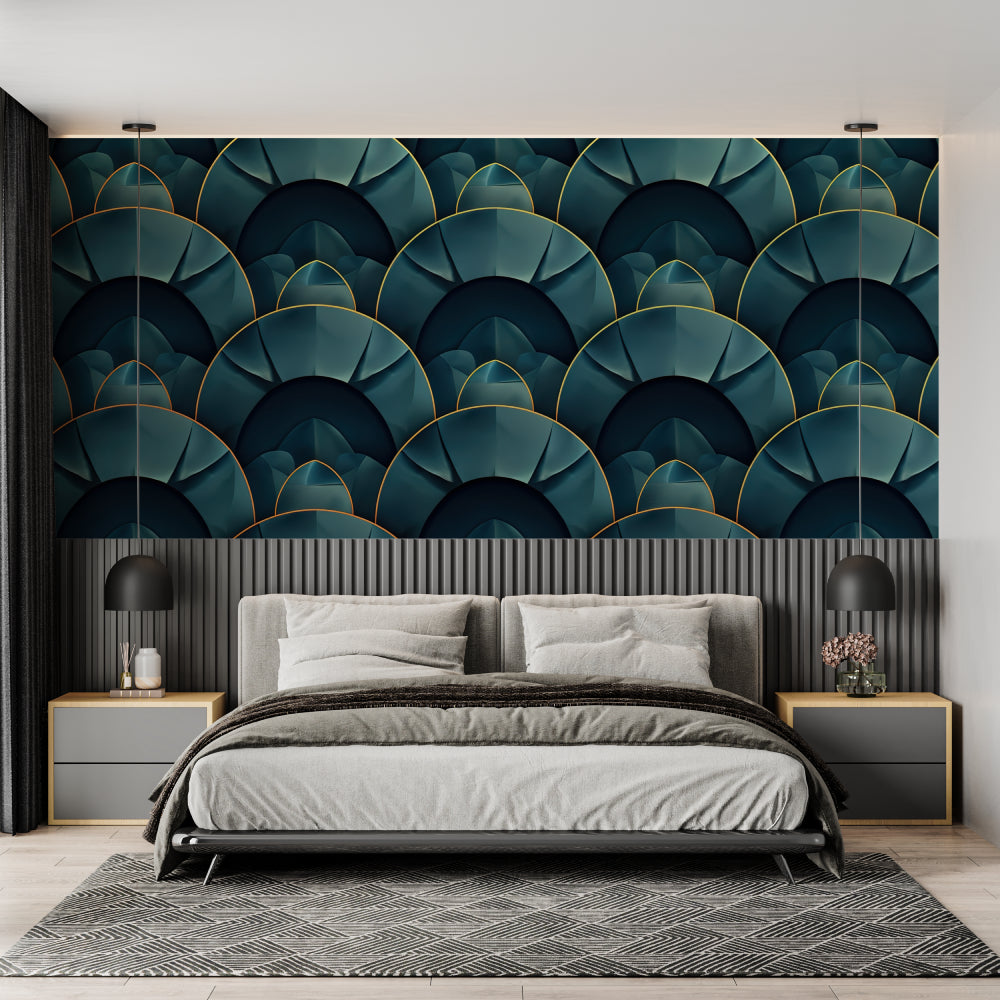 Art deco fan pattern wallpaper in emerald green showcased in a modern dining room with gold accents